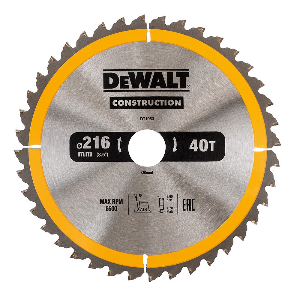 Saeketas puidule DeWalt; 216x2,6x30,0 mm; Z40; -5°