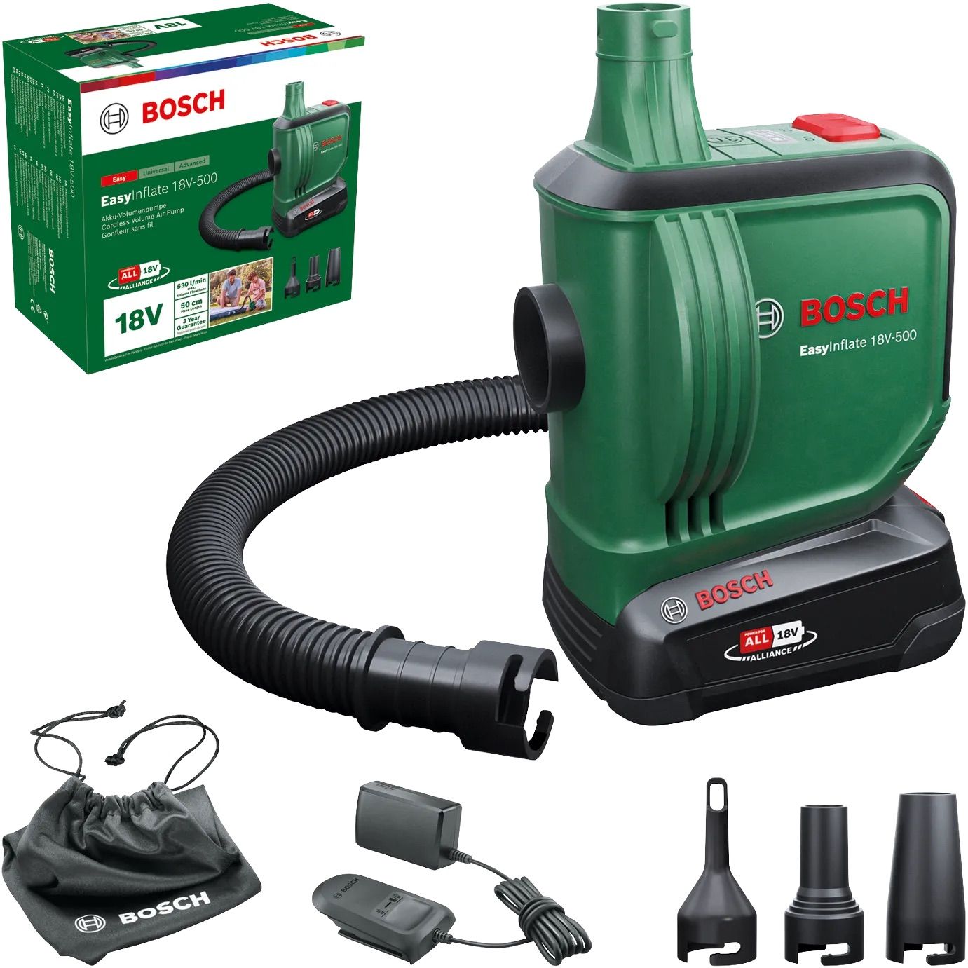 Juhtmeta õhupump Bosch EasyInflate 18V-500; 18 V; 1x2,0 Ah aku