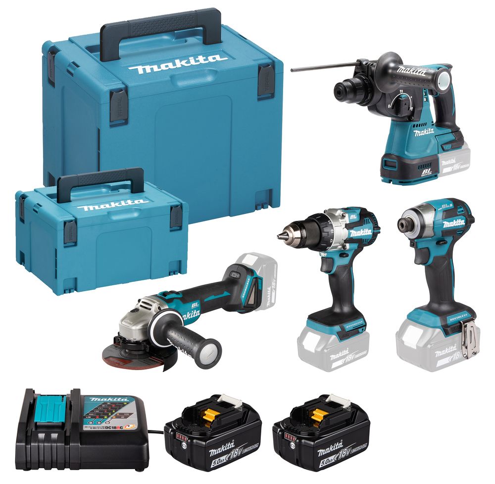 Tööriistakomplekt Makita DLX4200JX1 (DDF489+DGA504+DHR242+DTD173); 18 V; 2x5,0 Ah aku