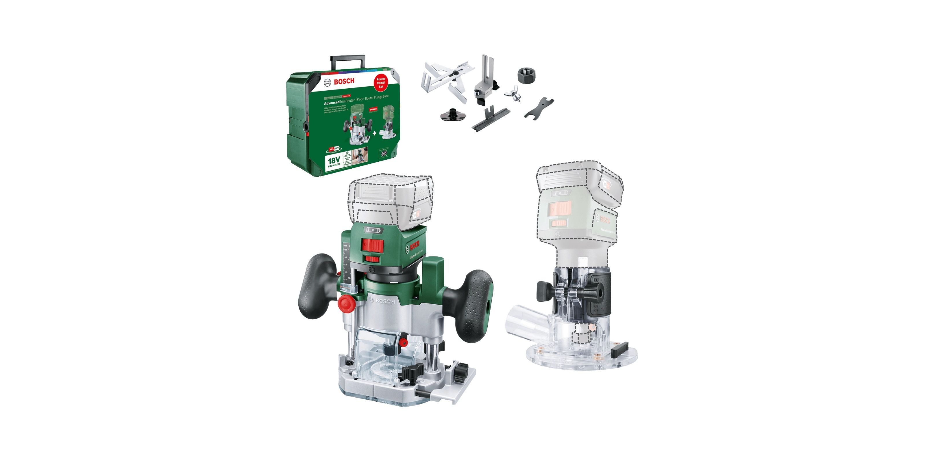 Aku ülafrees/servafrees Bosch AdvancedTrimRouter 18V-8; 18 V (ilma aku ja laadijata) + Tarvikud