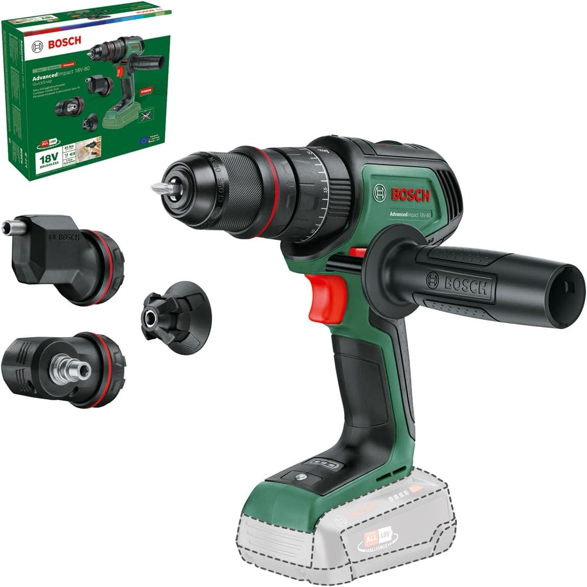 Trell-kruvikeeraja Bosch AdvancedDrill 18V-80 QuickSnap (ilma aku ja laadijata); tarvikutega