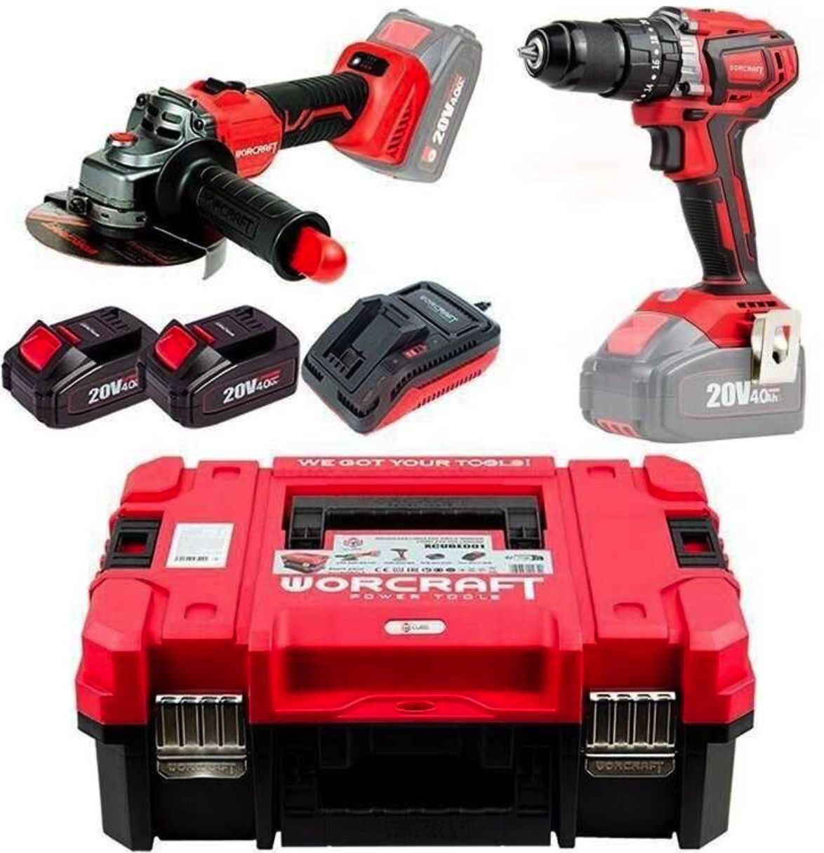 Tööriistakomplekt Worcraft XCUBE001 (CHD-S20LiBA + CAG-S20LiBS-125); 20 V; 2x4,0 Ah aku