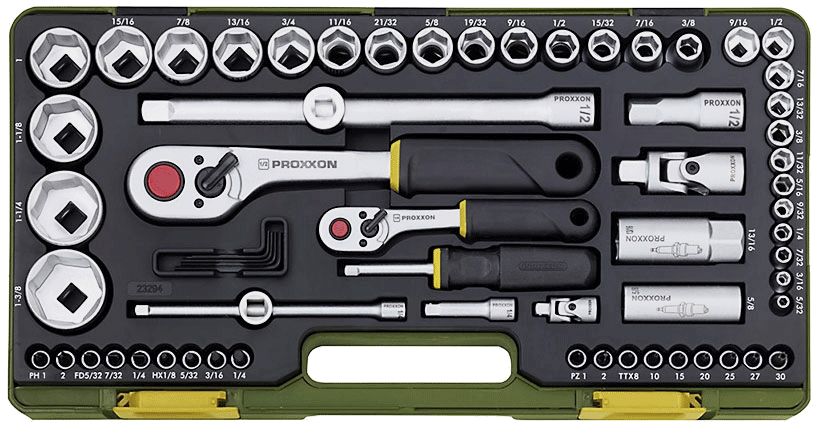 Tollimõõdus padrunvõtmete komplekt Proxxon 65 tk.; 1/4''+1/2''